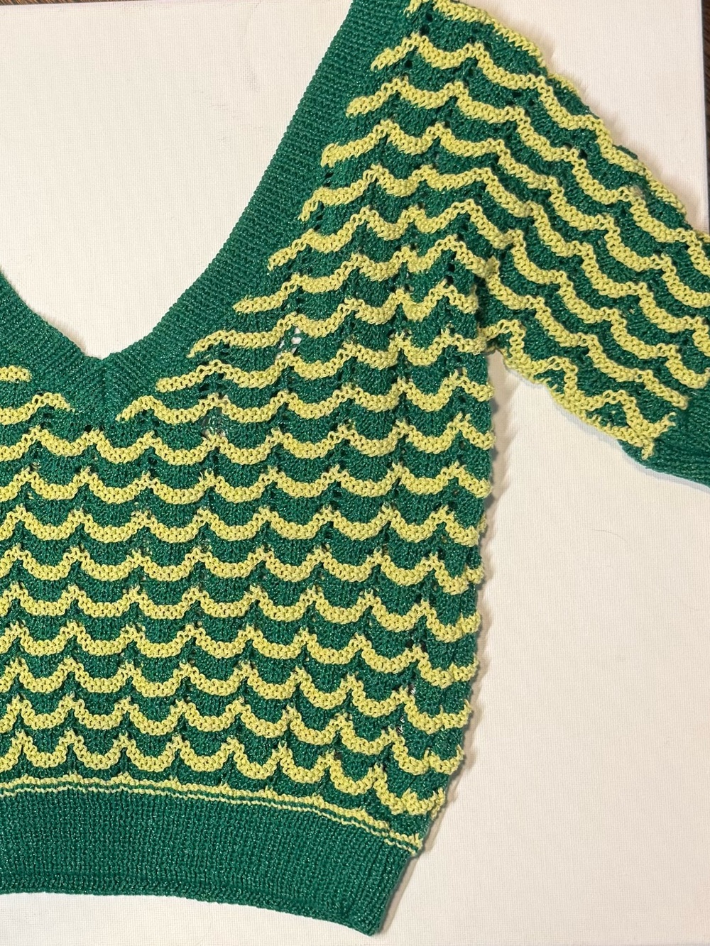 ZARA Knit Openwork Cropped Top Green Yellow Size S